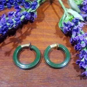 Vintage Jade Green and Gold Clip On Hoops Earrings